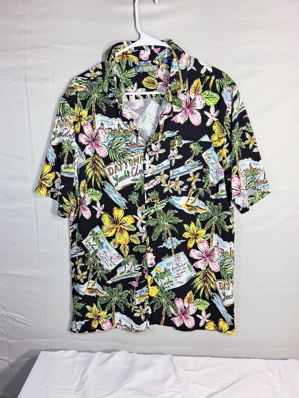 Men's Large Vintage Campia Moda Daytona Yacht Club Black Hawaiian Buttonup Shirt
